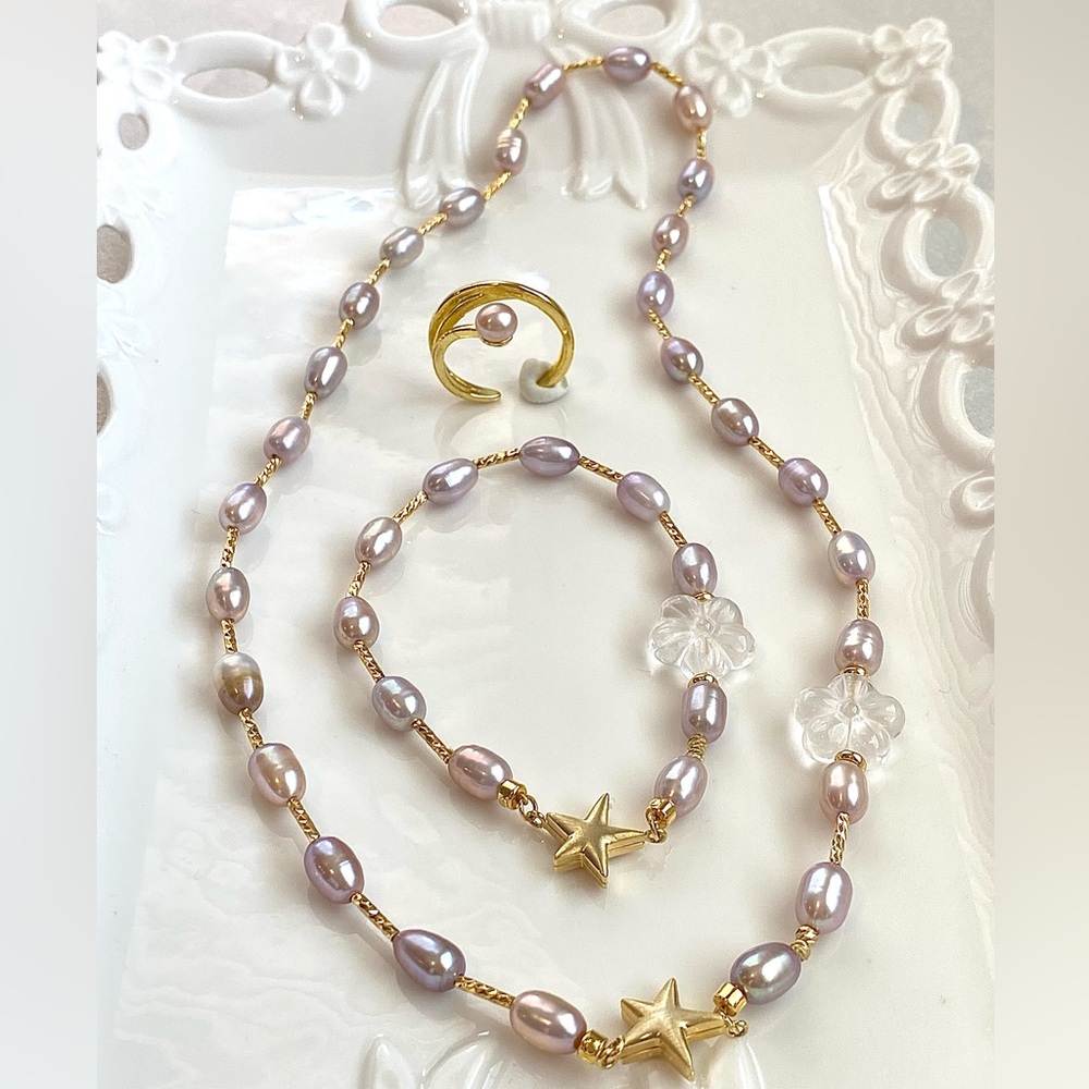 S29-Handmade Metallic Pink Freshwater Pearl, Clear Quartz Flower Star 3 pcs Set